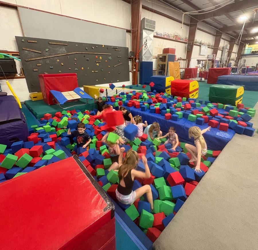 Kids playing in the foam pit at a gym party